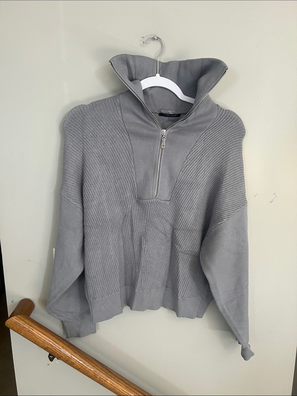 T Tahari Gray Half-Zip Funnelneck Sweater